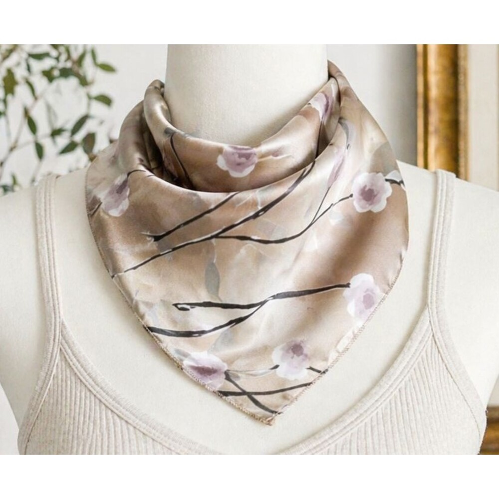 Vintage Neutral Floral Satin Neckerchief Square Scarf Bandana Mauve 19"